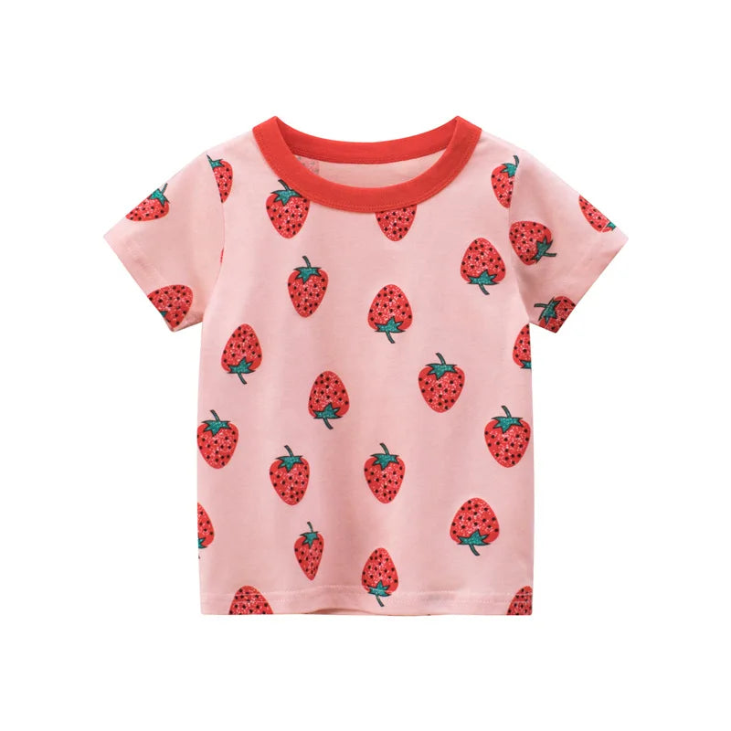 Girls Summer Cotton T-Shirt – Cute Cartoon Strawberry & Cherry Print | Ages 2–10Y | Soft Short Sleeve Tops