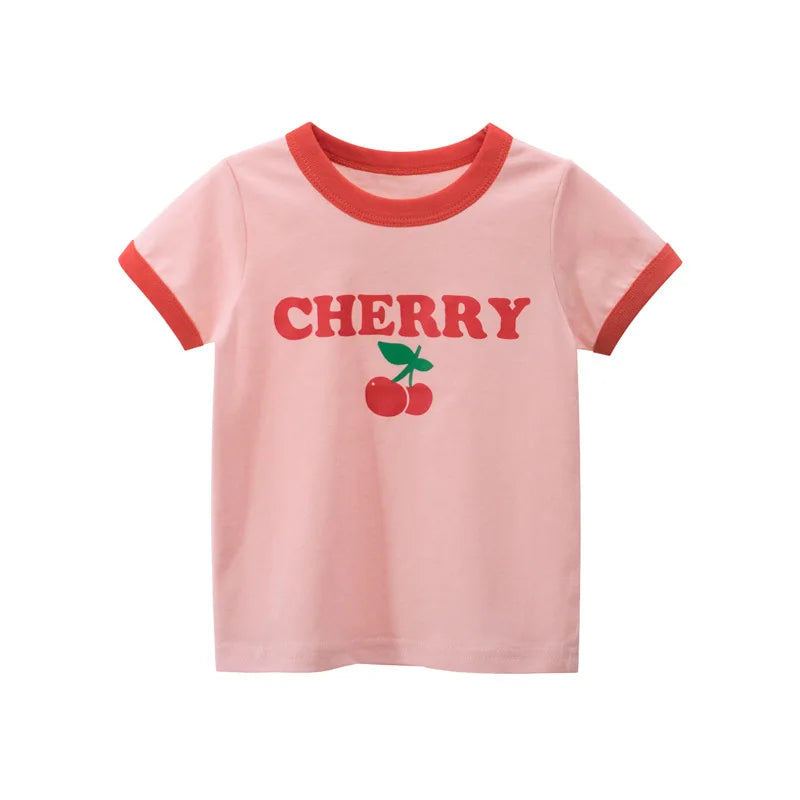 Girls Summer Cotton T-Shirt – Cute Cartoon Strawberry & Cherry Print | Ages 2–10Y | Soft Short Sleeve Tops