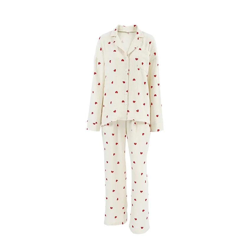 Heart Print Cotton Pajama Set – 2-Piece Long Sleeve Button-Up Loungewear for Women