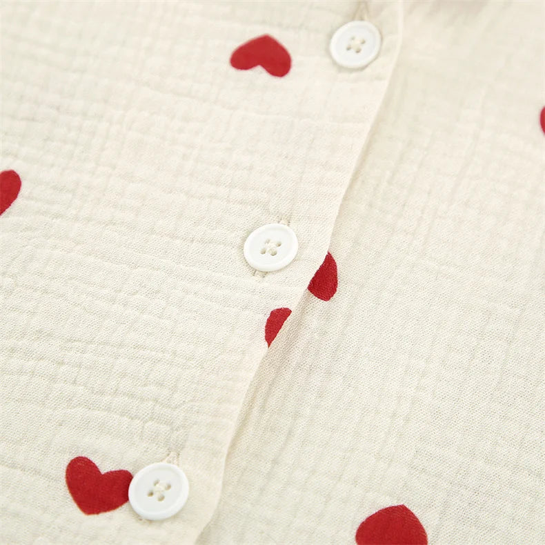 Heart Print Cotton Pajama Set – 2-Piece Long Sleeve Button-Up Loungewear for Women