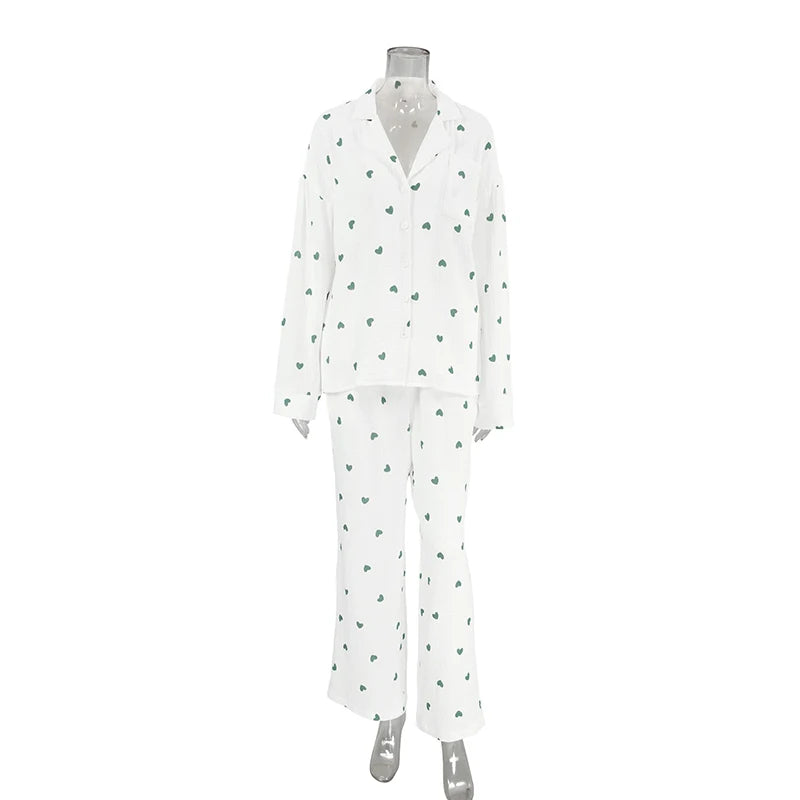 Heart Print Cotton Pajama Set – 2-Piece Long Sleeve Button-Up Loungewear for Women