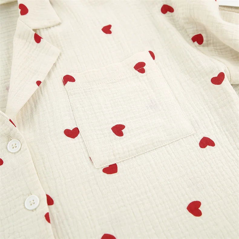 Heart Print Cotton Pajama Set – 2-Piece Long Sleeve Button-Up Loungewear for Women