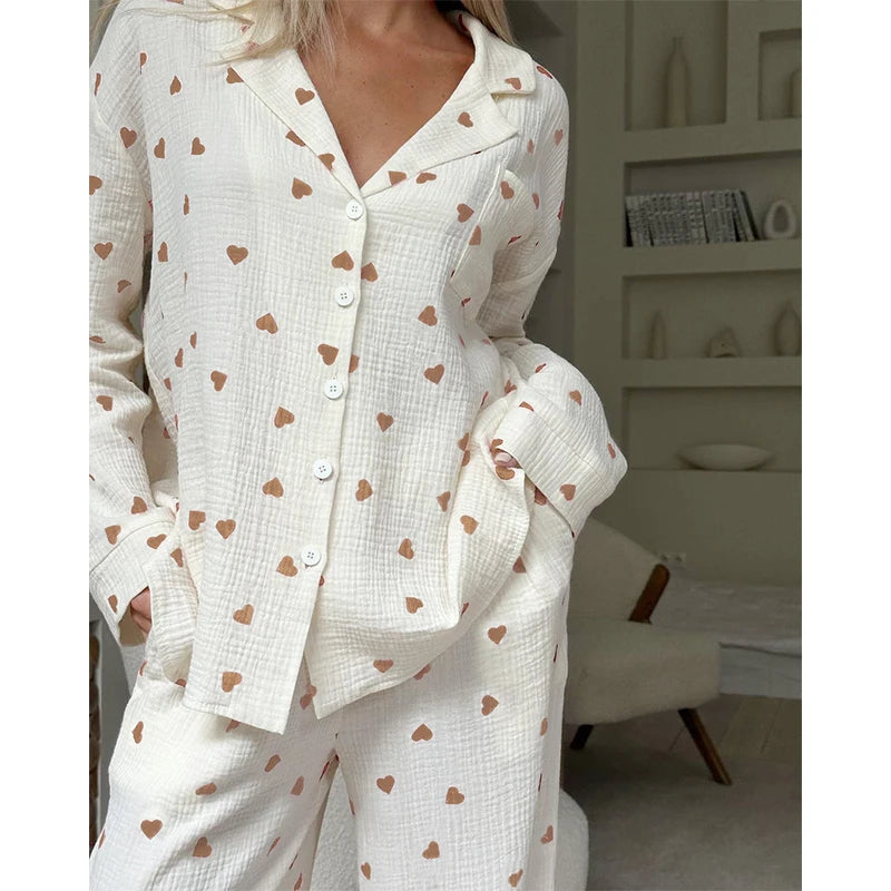 Heart Print Cotton Pajama Set – 2-Piece Long Sleeve Button-Up Loungewear for Women
