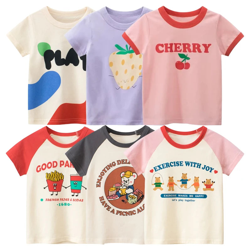 Girls Summer Cotton T-Shirt – Cute Cartoon Strawberry & Cherry Print | Ages 2–10Y | Soft Short Sleeve Tops