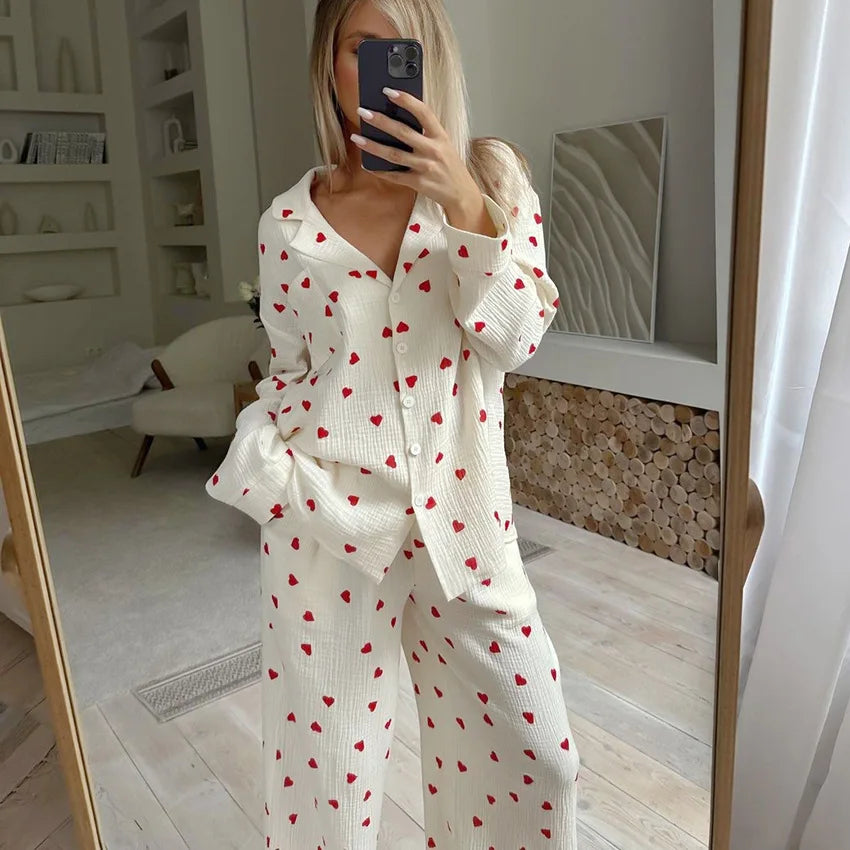 Heart Print Cotton Pajama Set – 2-Piece Long Sleeve Button-Up Loungewear for Women