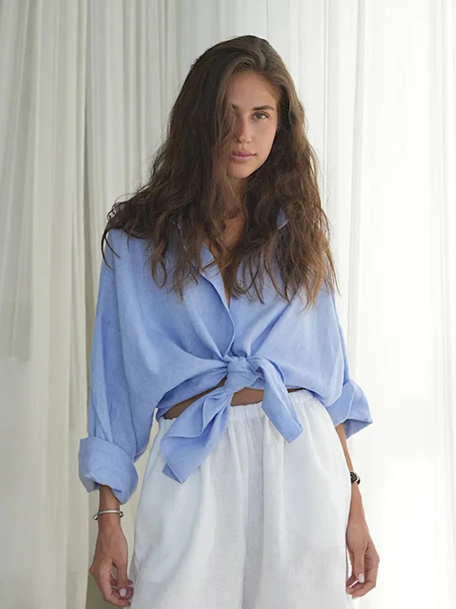 100% Cotton Spring and Summer Versatile Women's Fashionable Solid Color Casual Shirt