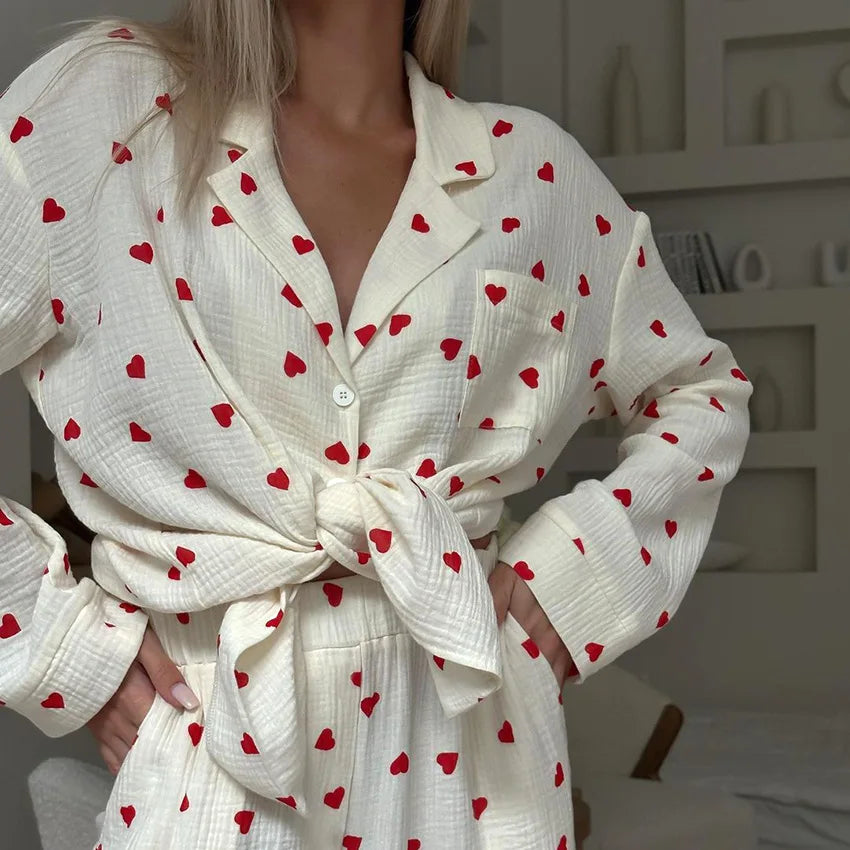 Heart Print Cotton Pajama Set – 2-Piece Long Sleeve Button-Up Loungewear for Women